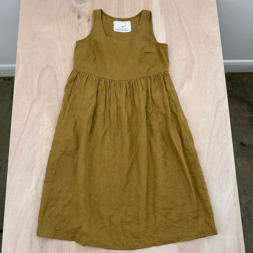 Not Perfect Linen Dress Womens M Mustard Yellow Sleeveless Empire Waist Midi - Picture 2 of 12
